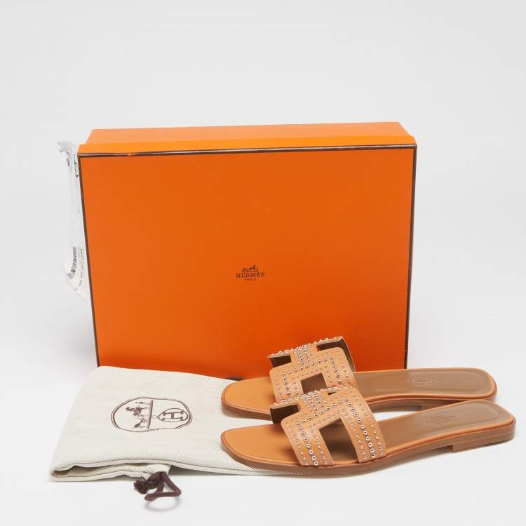 Hermes Peach Leather Studded Oran Flat Slide Sandals Size 37.5