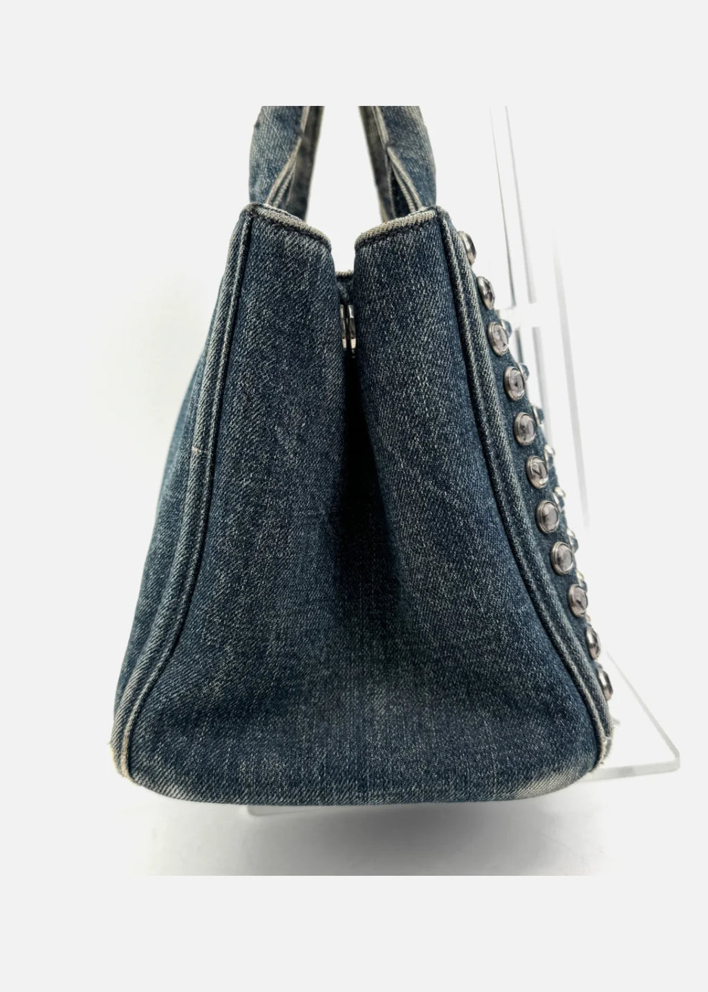PRADA Canapa Tote Bag Bijoux Rhinestones Studs Denim Blue Bag