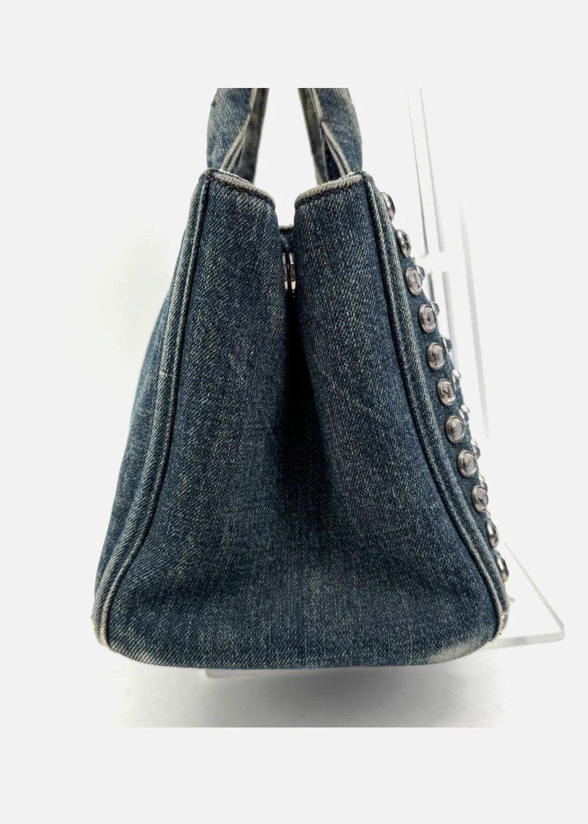 PRADA Canapa Tote Bag Bijoux Rhinestones Studs Denim Blue Bag