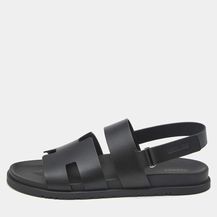 Hermes Black Leather Genius Flat Sandals Size 46