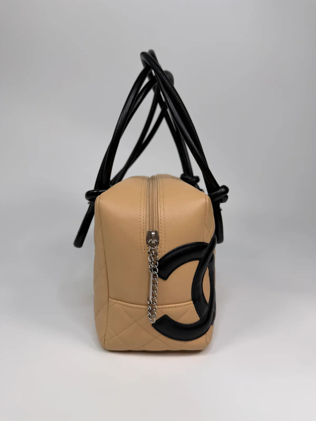 CHANEL CAMBON BOWLING BAG IN BEIGE / BLACK LAMBSKIN LEATHER WITH SILVER HARDWARE