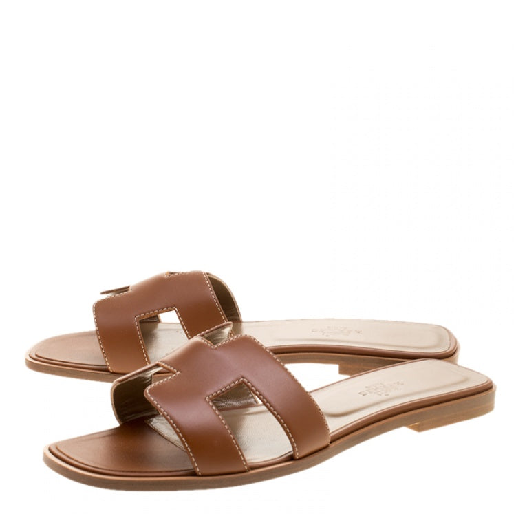 Hermes Brown Leather Oran Flat Sandals Size 39