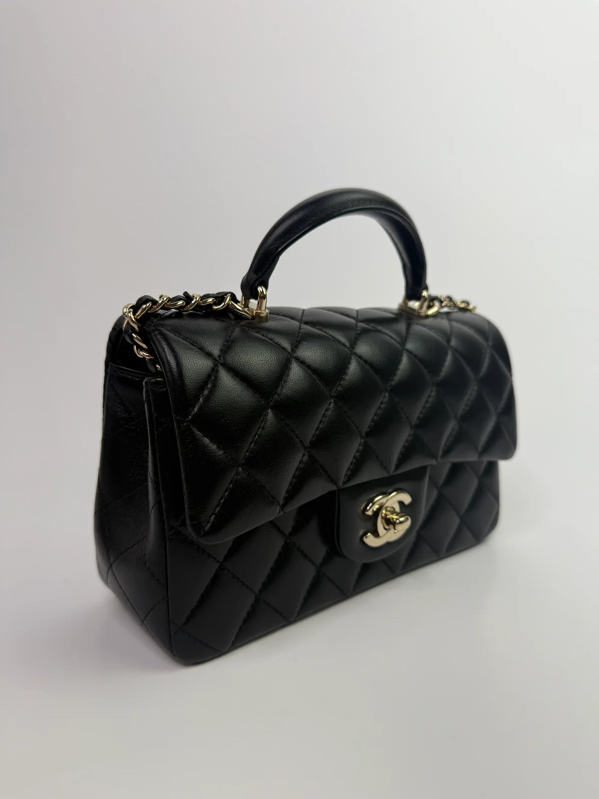 CHANEL MINI RECTANGLE TOP HANDLE IN BLACK LAMBSKIN WITH PGHW