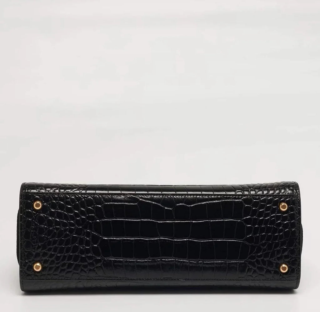 Tory Burch Eleanor Black Croc Embossed Leather Top Handle Bag