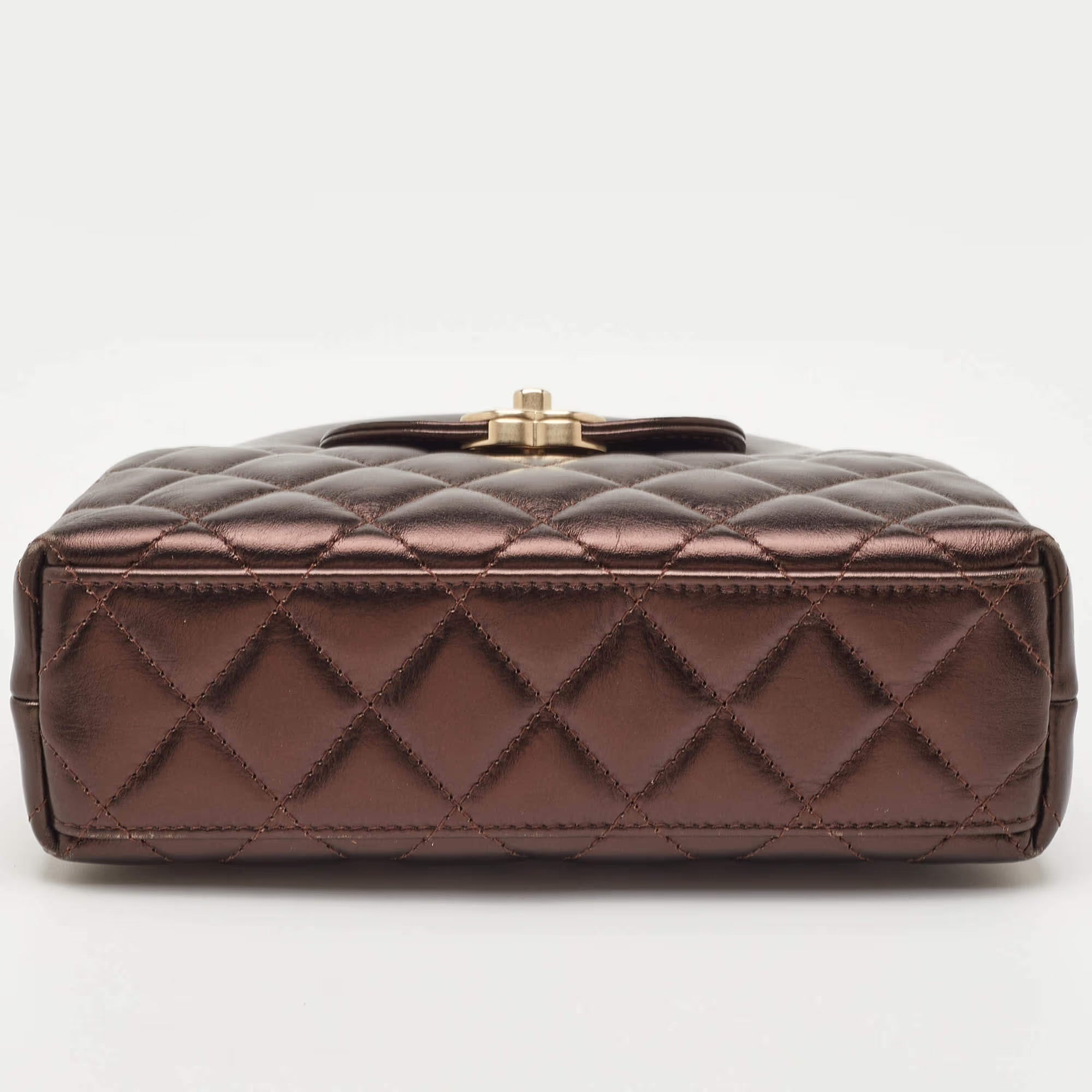 Chanel Kelly Nano Metallic Brown Quilted Leather Shoulder Bag