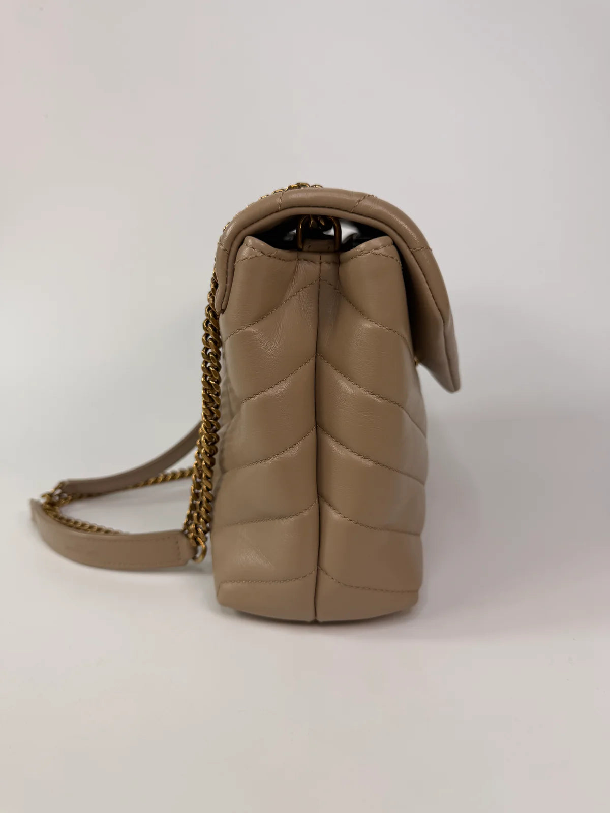 SAINT LAURENT SMALL LOULOU IN DARK BEIGE LEATHER WITH GOLD HARDWARE