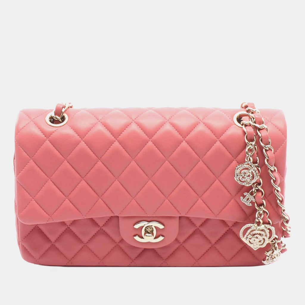 Chanel Pink Medium Classic Lambskin Valentines Heart Charms Single Flap