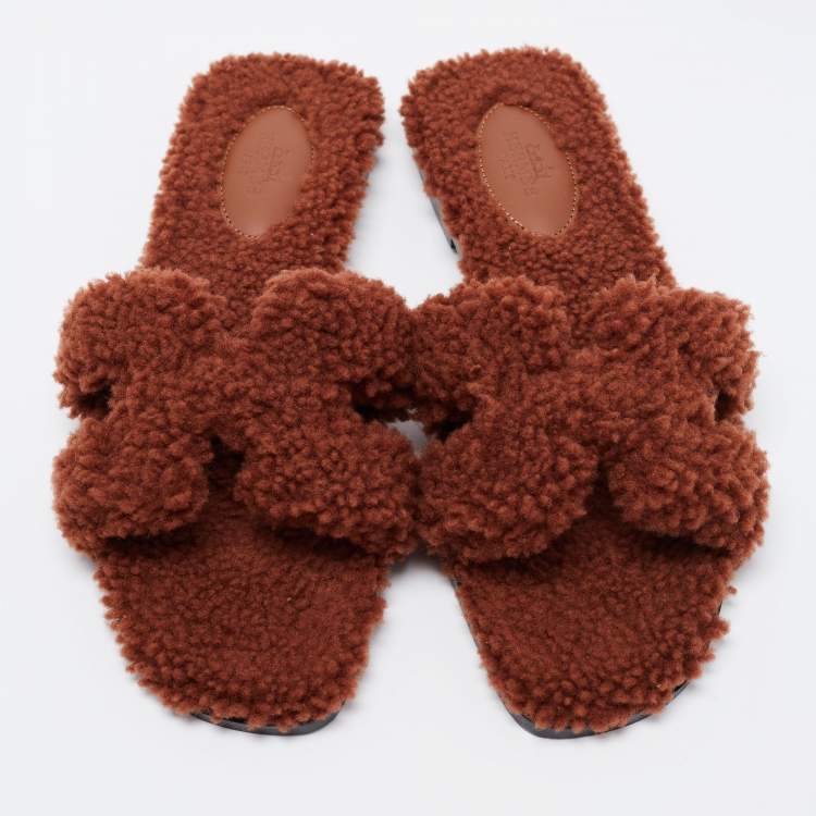 Hermes Brown Shearling Oran Slide Sandals Size 38.5