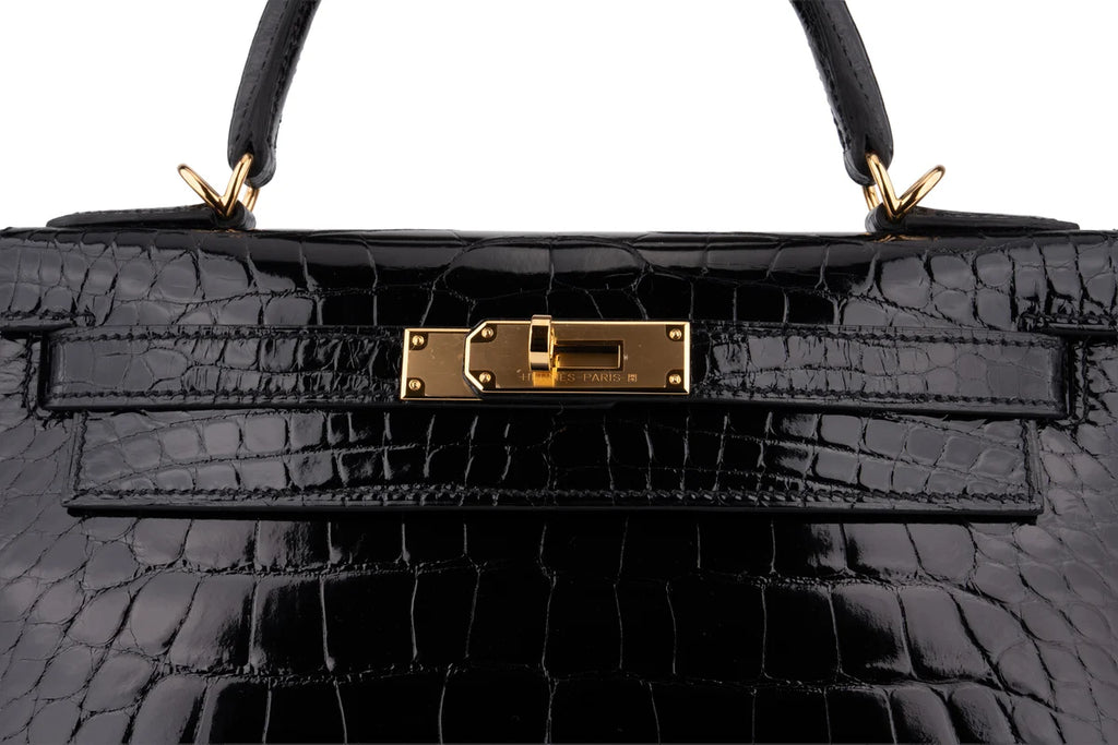 Hermès Kelly 28 Shiny Alligator Mississippiensis Noir GHW