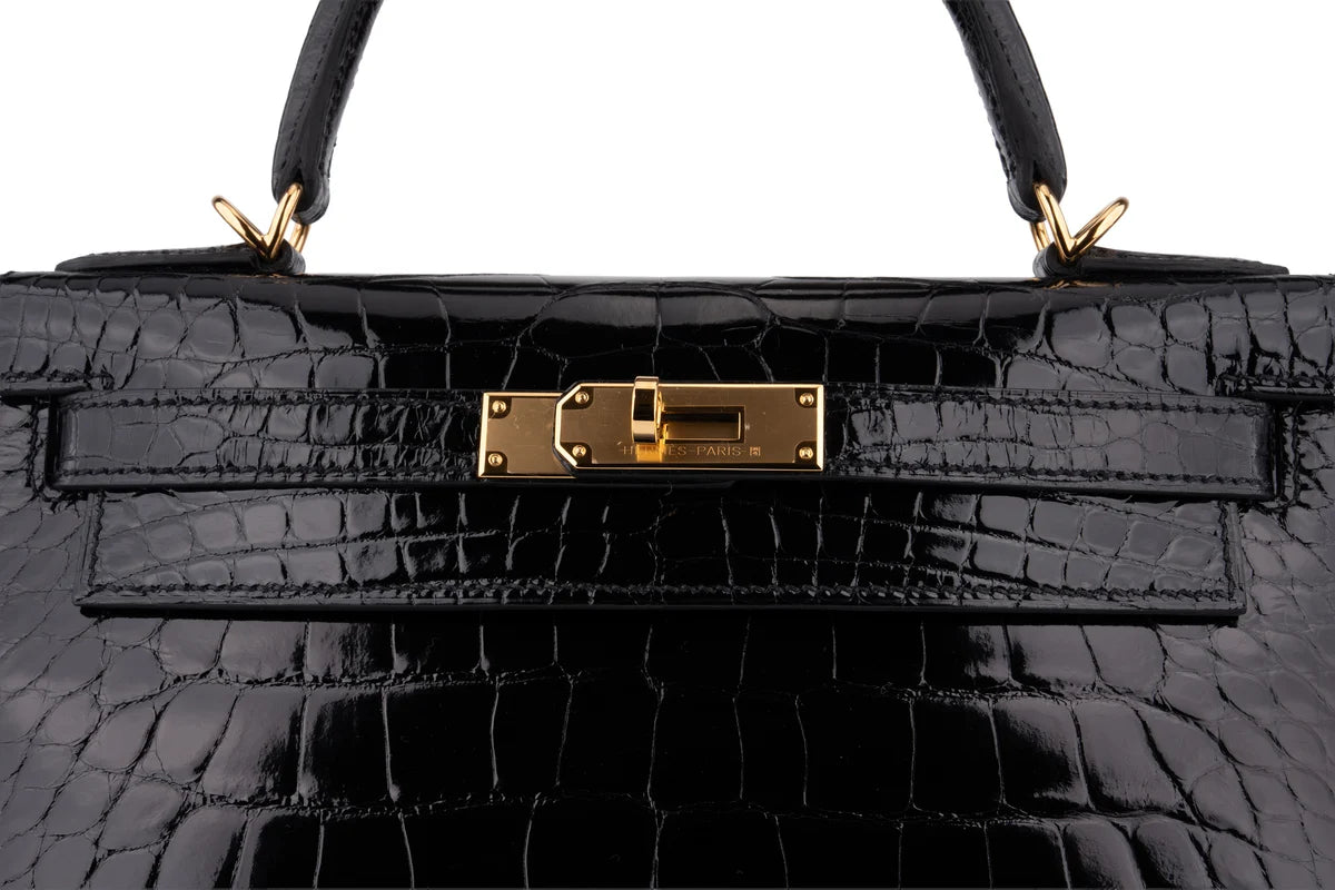 Hermès Kelly 28 Shiny Alligator Mississippiensis Noir GHW