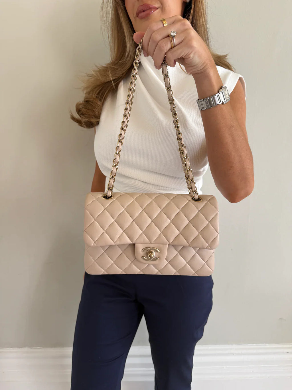 CHANEL SMALL CLASSIC DOUBLE FLAP IN LIGHT BEIGE LAMBSKIN LEATHER WITH PALE GOLD HARDWARE