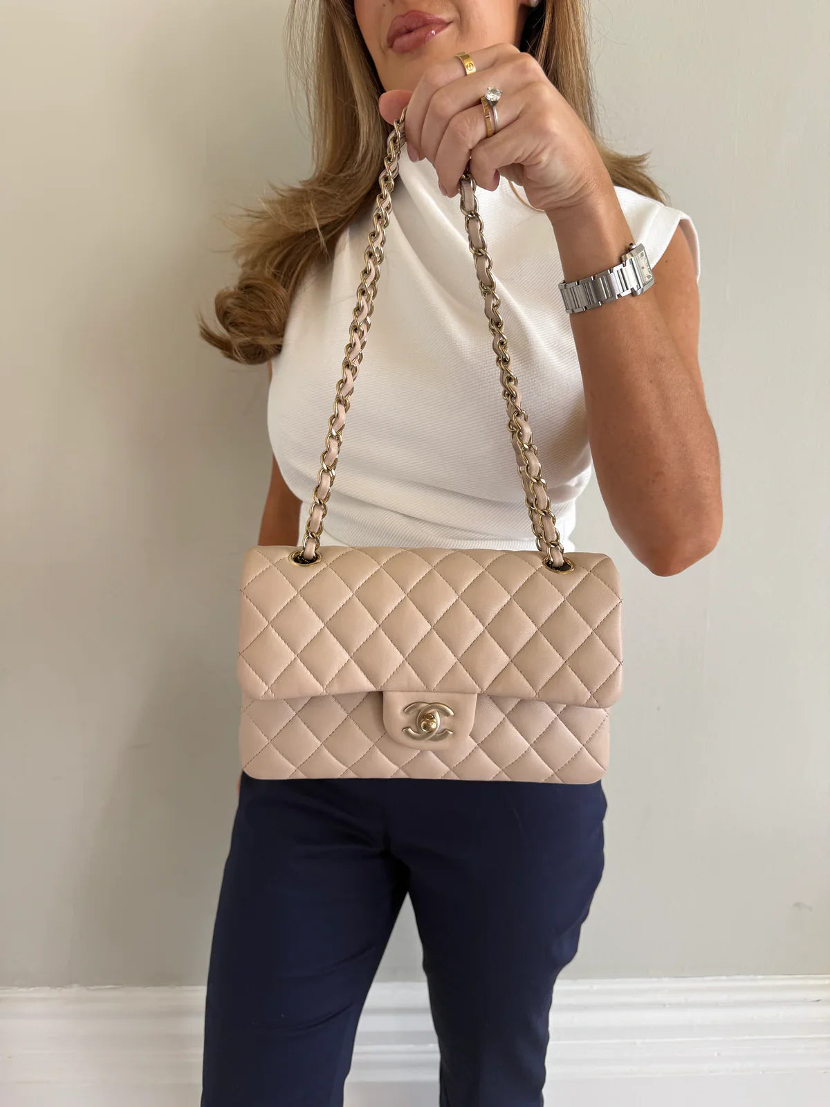 CHANEL SMALL CLASSIC DOUBLE FLAP IN LIGHT BEIGE LAMBSKIN LEATHER WITH PALE GOLD HARDWARE