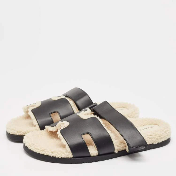 Hermes Black Leather and Shearling Fur Lined Chypre Sandals Size 45.5