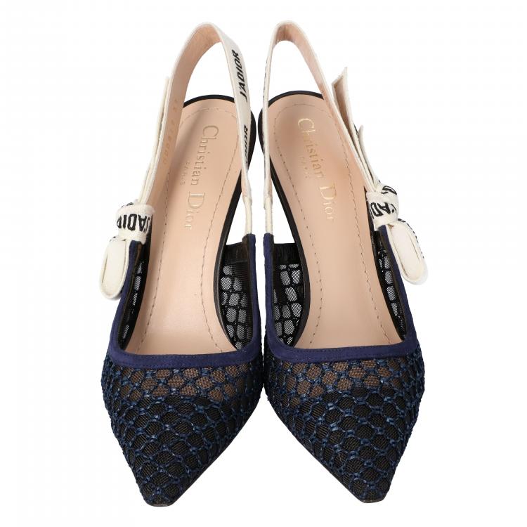 Dior Deep Blue Mesh Embroidered Ribbon J'Adior Slingback Pumps Size 39