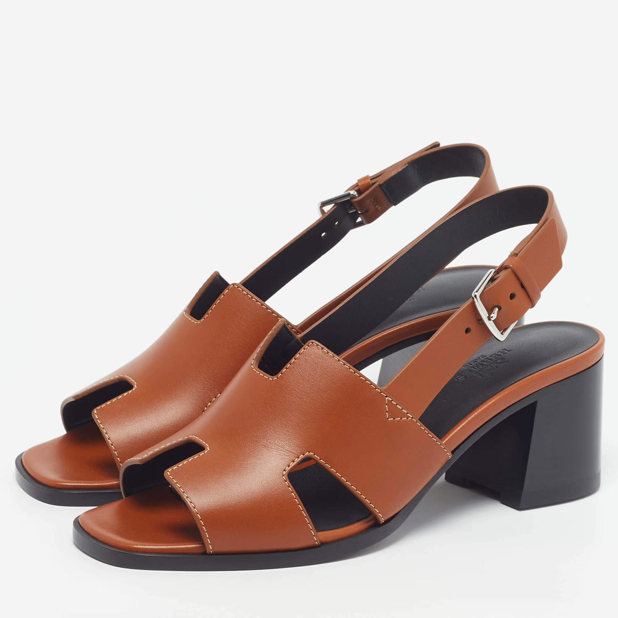 Hermès Elbe Size 39 Brown Leather Slingback Sandals