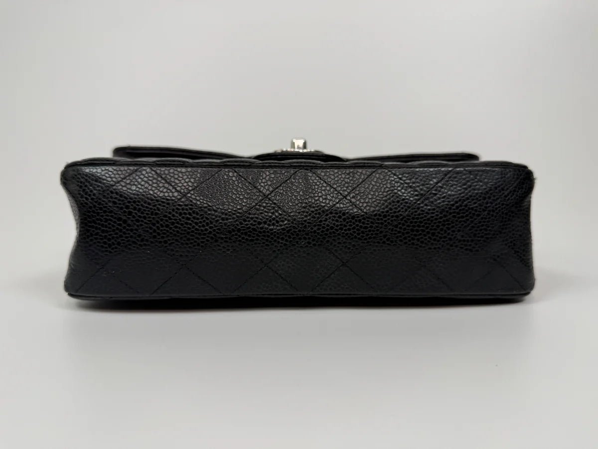 CHANEL SMALL CLASSIC DOUBLE FLAP IN BLACK CAVIAR LEATHER WITH SILVER HARDWARE