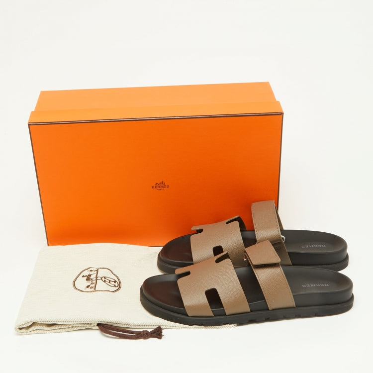 Hermes Brown Leather Chypre Velcro Strap Flat Sandals Size 41