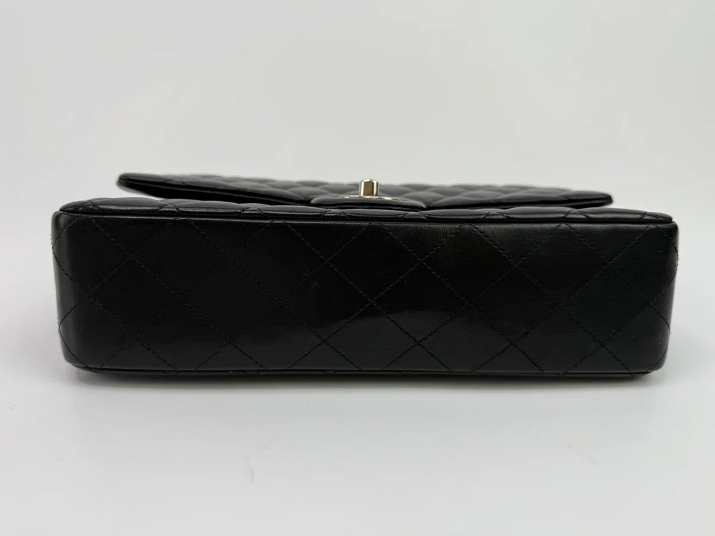 CHANEL MEDIUM CLASSIC DOUBLE FLAP BLACK LAMBSKIN WITH SILVER HARDWARE