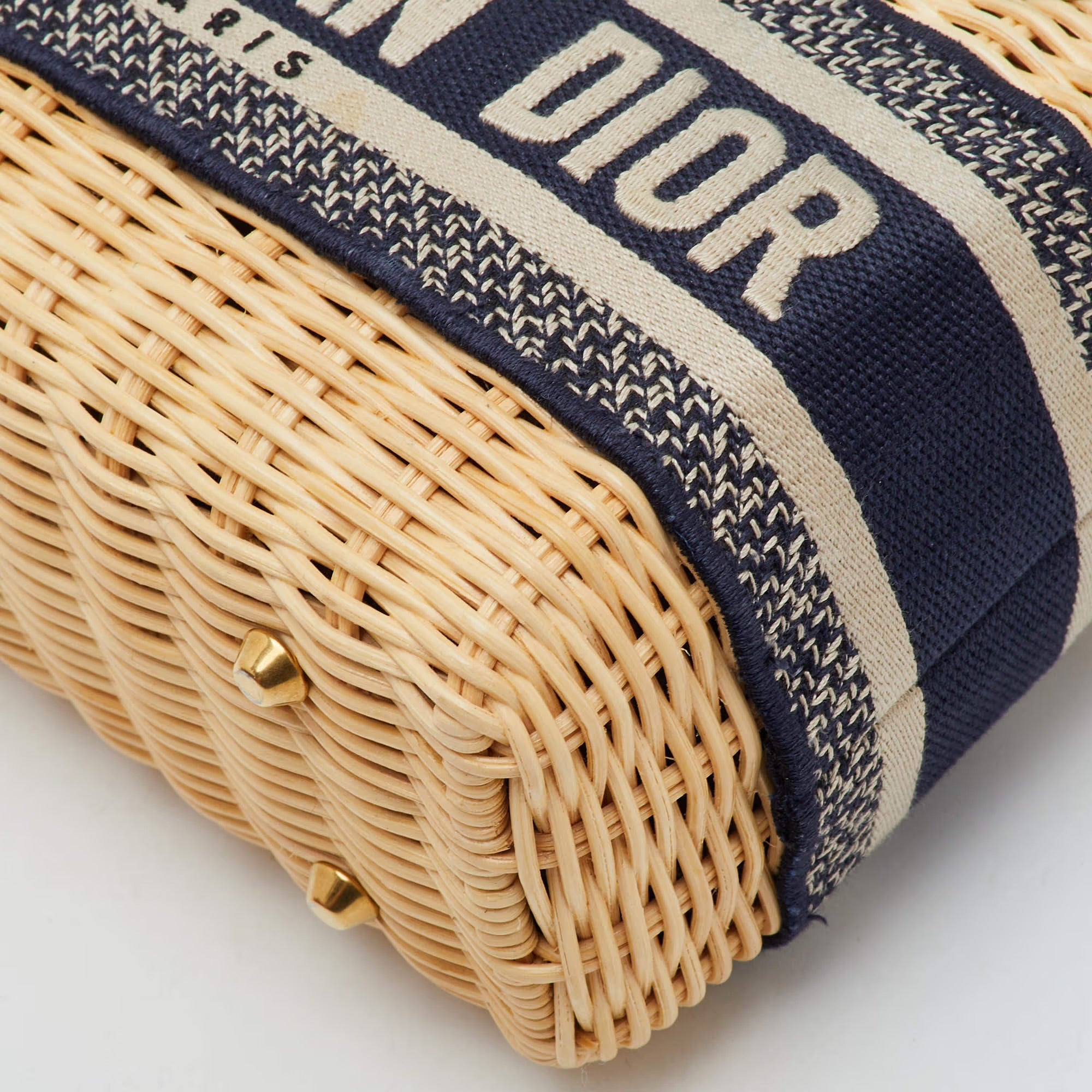 Dior Lady Dior Mini Beige/Navy Blue Wicker and Oblique Canvas Tote