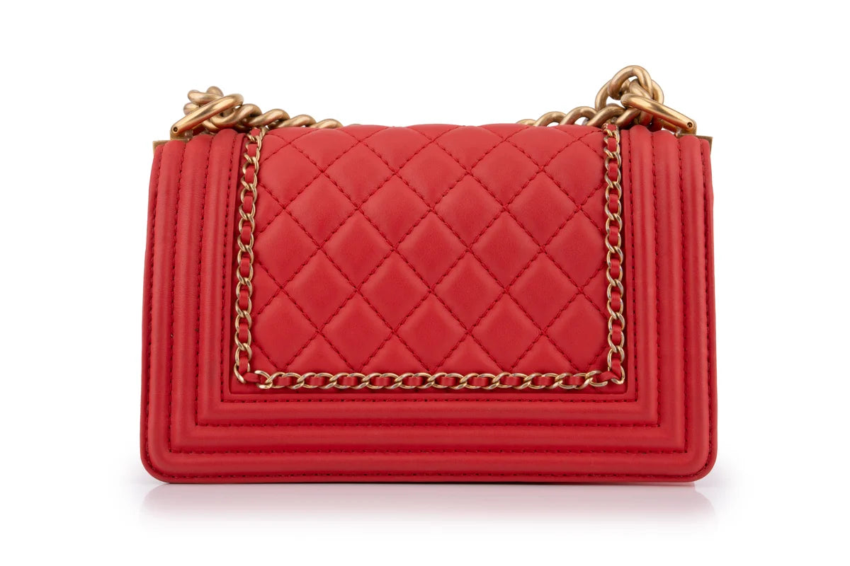Chanel Quilted Chain Around Small Boy Lamskin Watermelon Red GHW