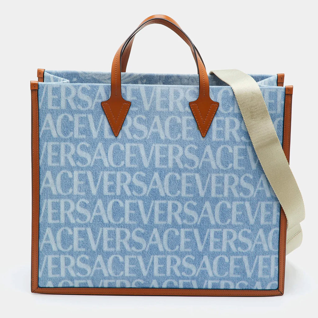 Versace Allover Blue/Brown Denim and Leather Shopper Tote