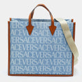 Versace Allover Blue/Brown Denim and Leather Shopper Tote