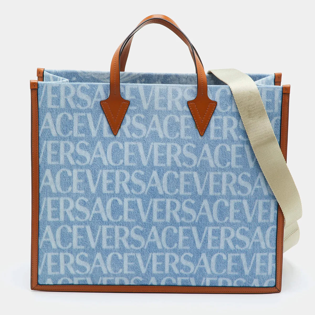 Versace Allover Blue/Brown Denim and Leather Shopper Tote
