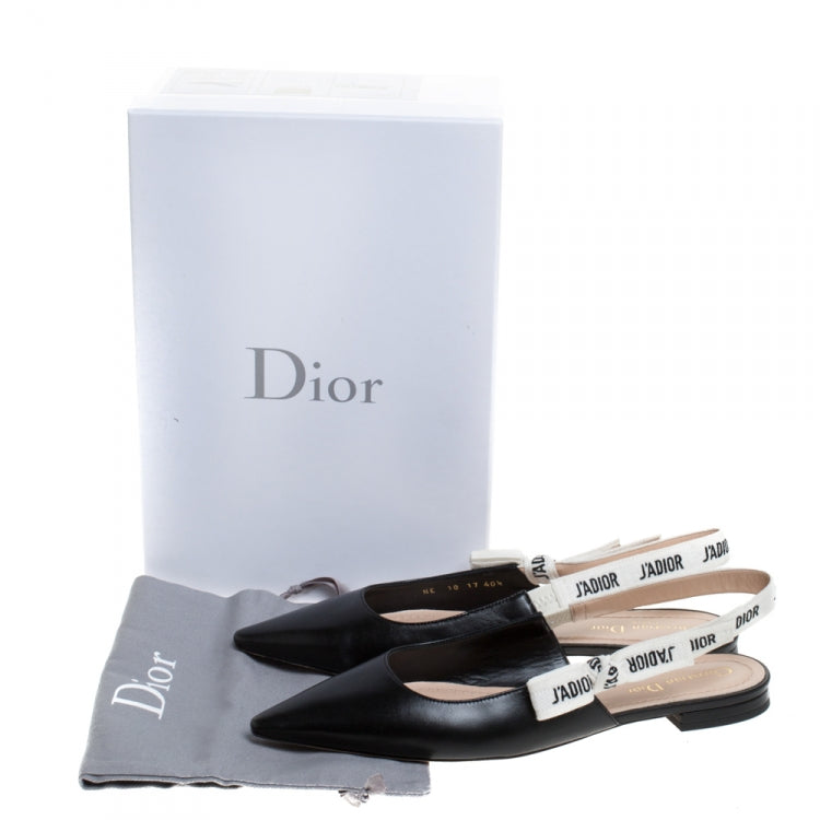 Dior Black Leather J'adior Ribbon Pointed Toe Slingback Flats Size 40.5