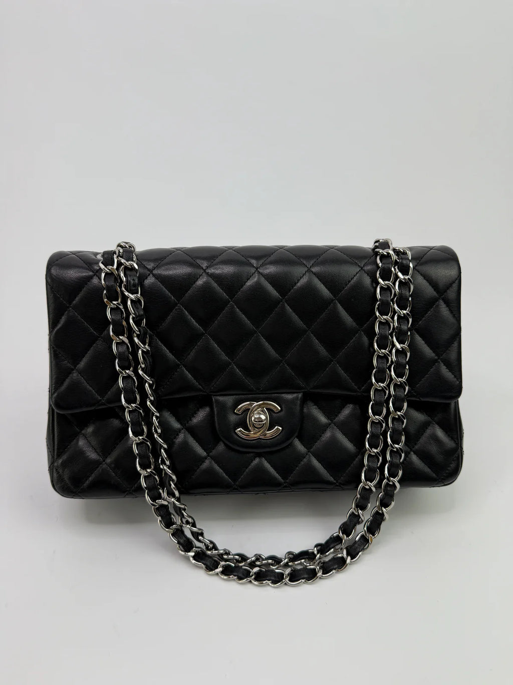 CHANEL MEDIUM CLASSIC DOUBLE FLAP BLACK LAMBSKIN WITH SILVER HARDWARE