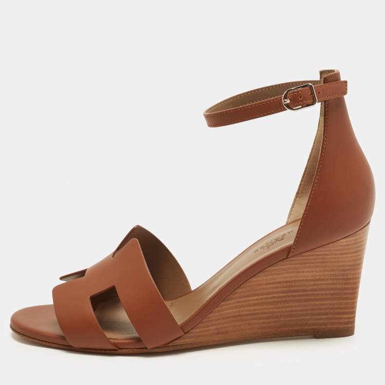 Hermes Legend Size 39.5 Brown Leather Wedge Sandals
