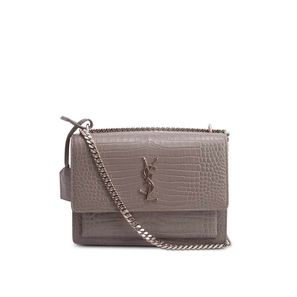 Saint Laurent Grey Croc Embossed Calfskin Medium Sunset Bag
