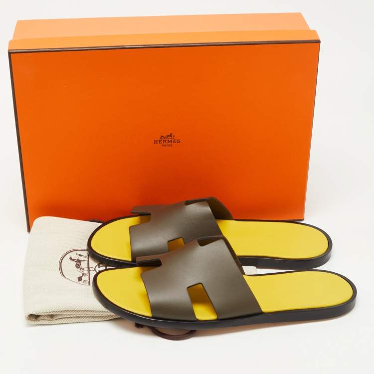 Hermès Olive Green Leather Izmir Slide Sandals Size 42.5