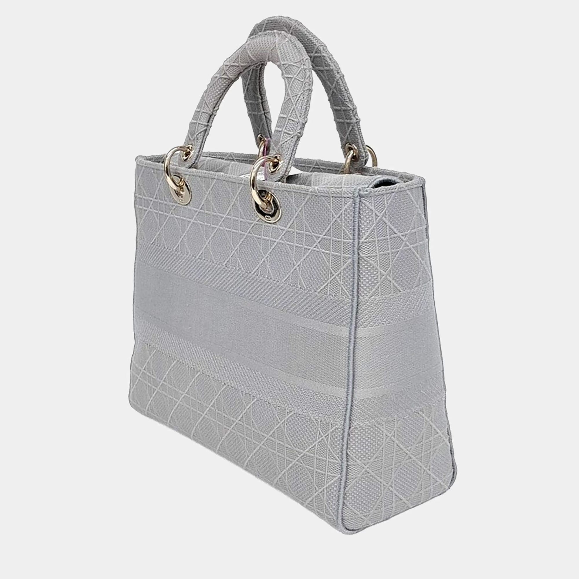 Christian Dior D-Lite Lady Large Grey Fabric Top Handle Bag