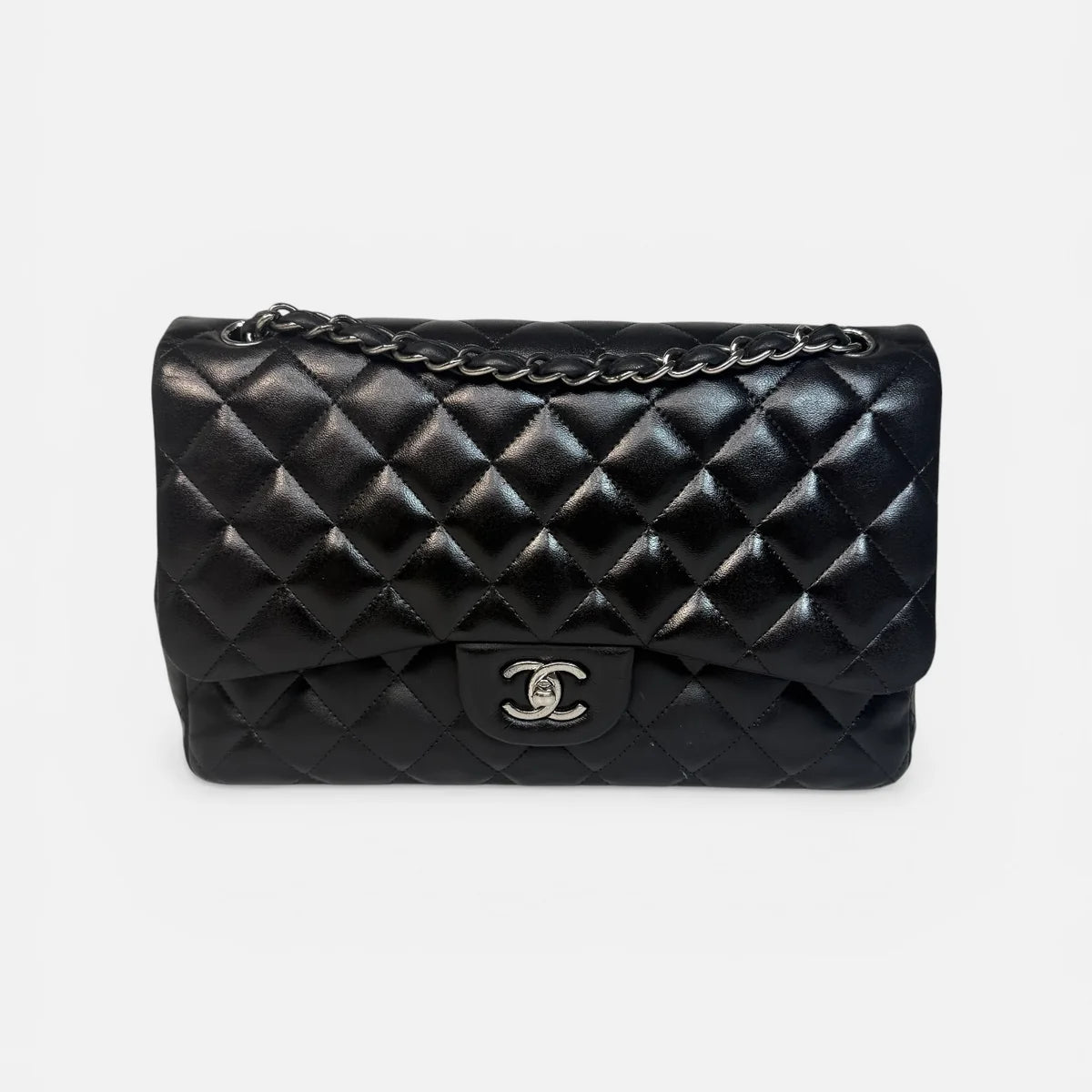 CHANEL JUMBO CLASSIC FLAP BAG IN BLACK LAMBSKIN LEATHER WITH SILVER HARDWARE