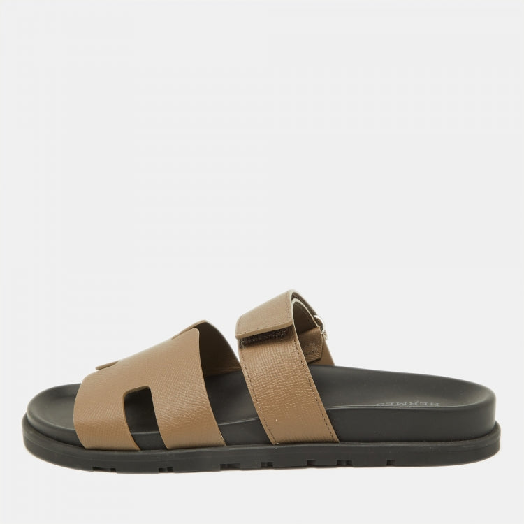 Hermes Brown Leather Chypre Velcro Strap Flat Sandals Size 41