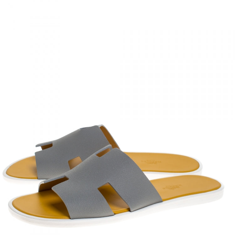 Hermes Grey/Yellow Leather Izmir Flat Slides Size 42