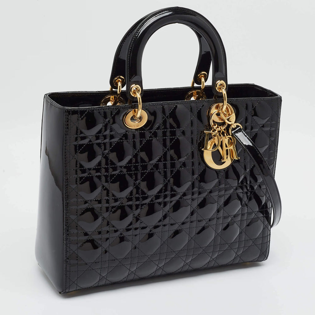 Dior Lady Dior Large Black Cannage Patent Leather Tote