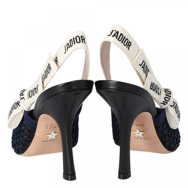 Dior Deep Blue Mesh Embroidered Ribbon J'Adior Slingback Pumps Size 39