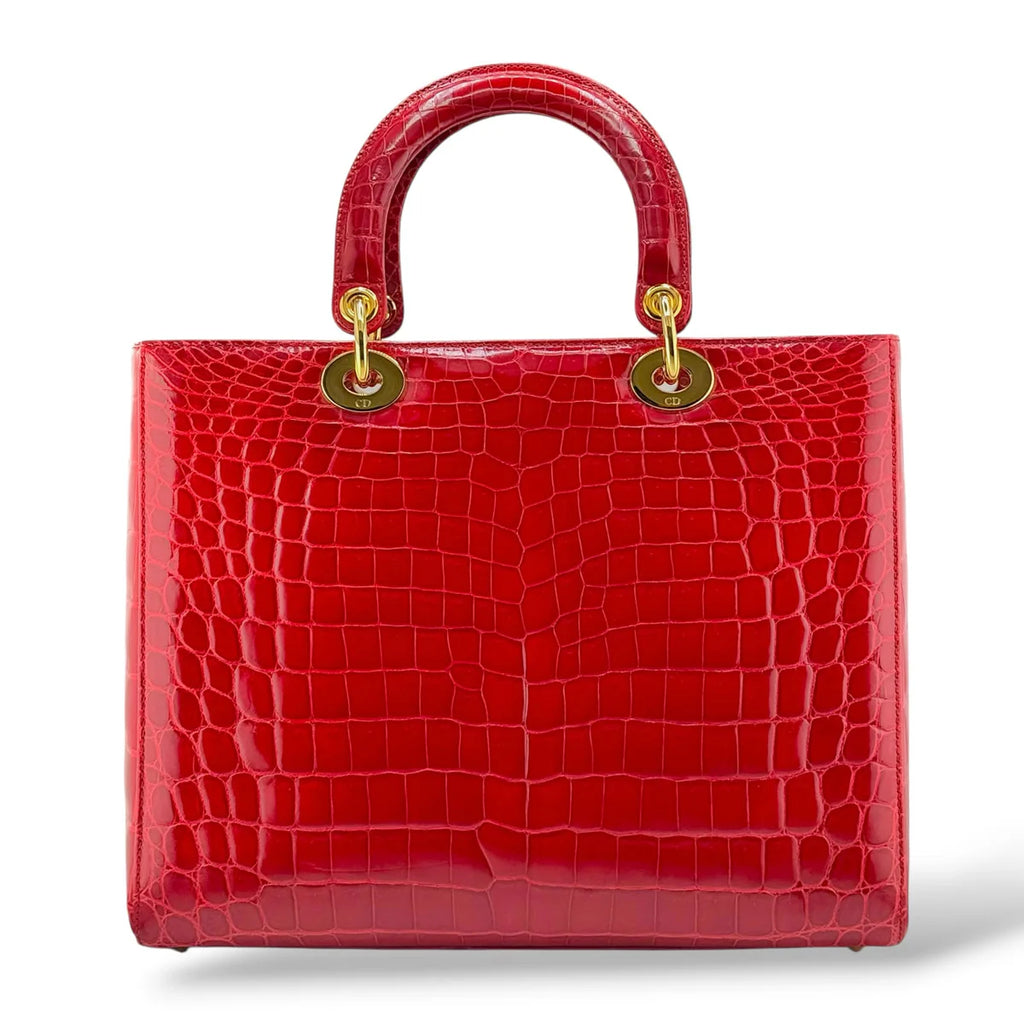 Christian Dior Red Shiny Crocodile Large Lady Dior Tote Bag