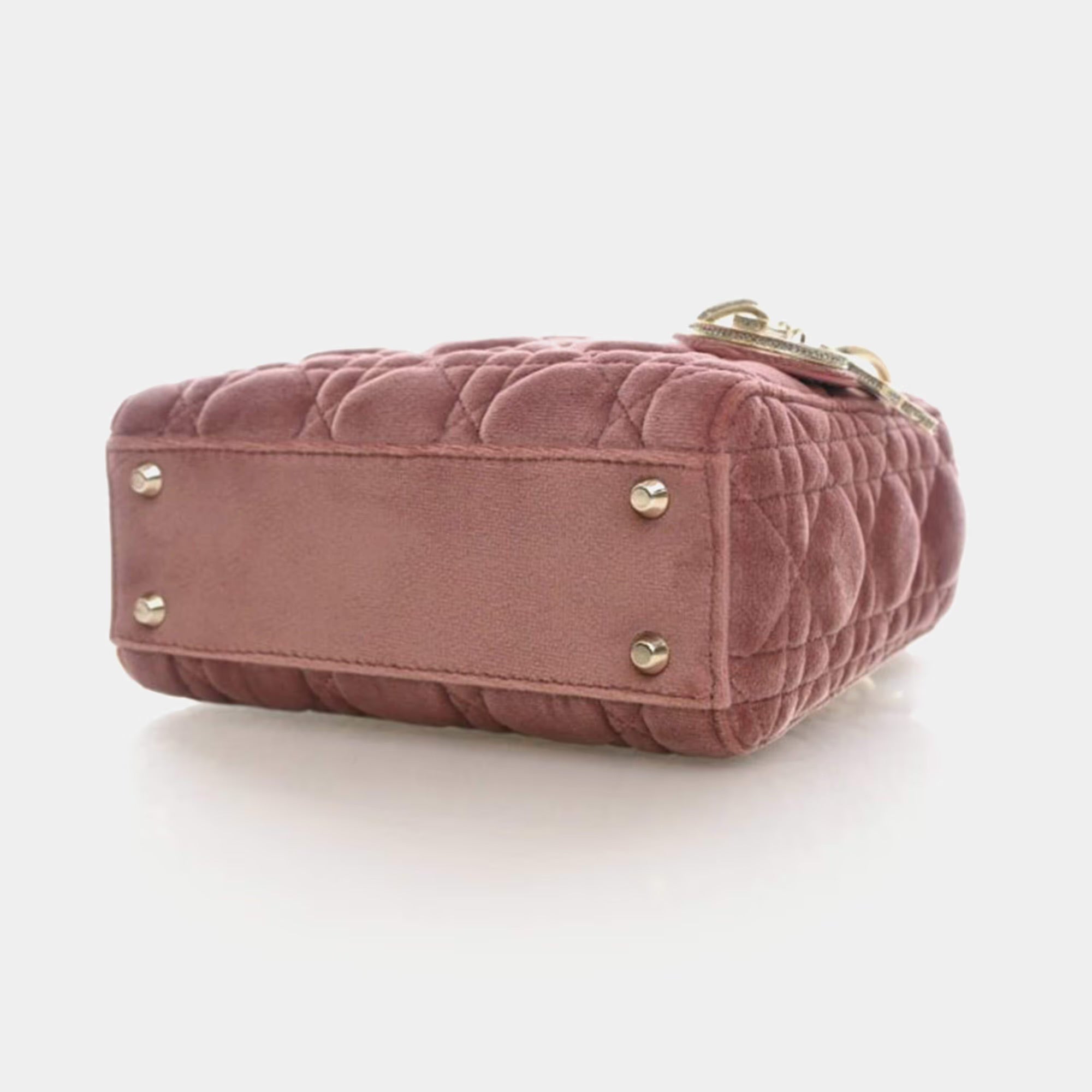 Christian Dior Lady Dior Mini Pink Velvet Top Handle Bag