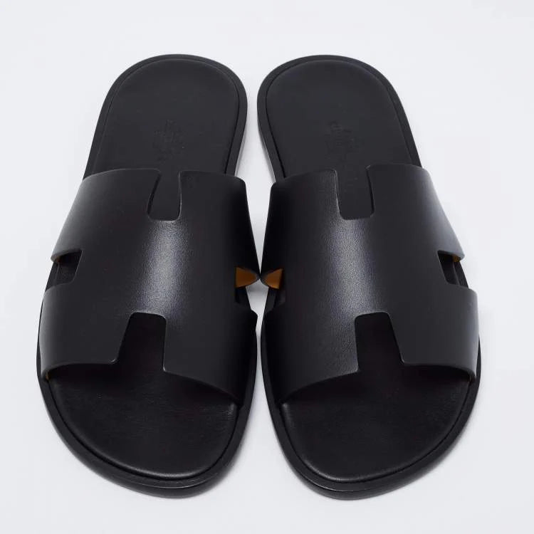 Hermes Black Leather Izmir Slide Sandals Size 40