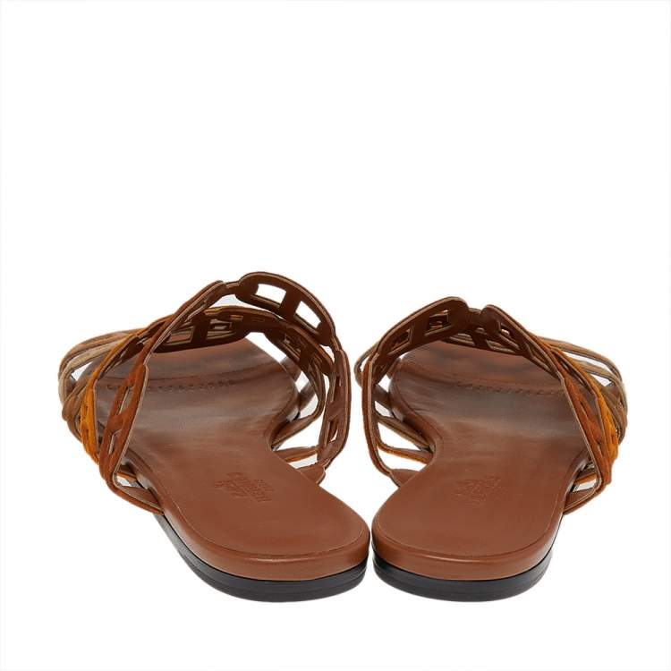 Hermes Brown Suede D'ancre Chaine Flat Slide Sandals Size 38