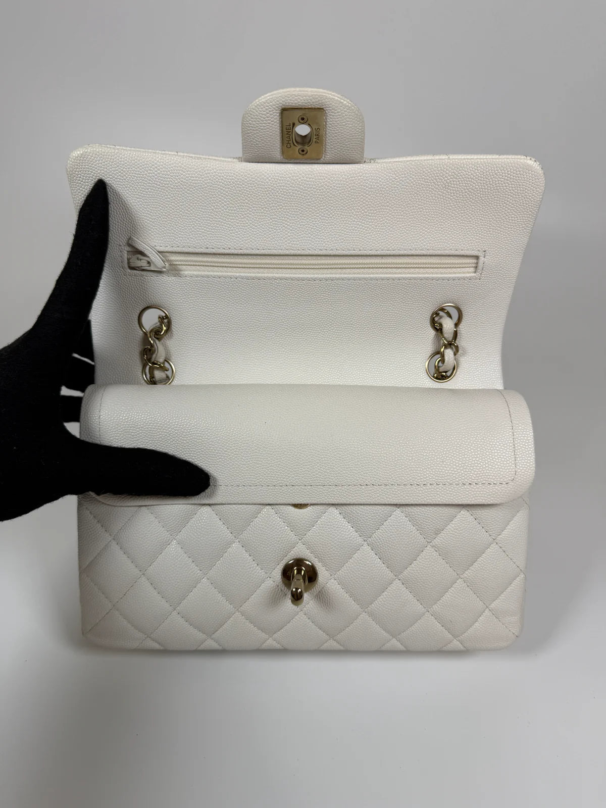 CHANEL SMALL CLASSIC DOUBLE FLAP IN WHITE CAVIAR LEATHER WITH GOLD HARDWARE