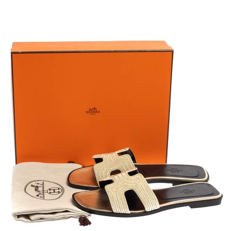 Hermes Metallic Pale Gold Twisted Metal Thread Oran Sandals Size 39.5