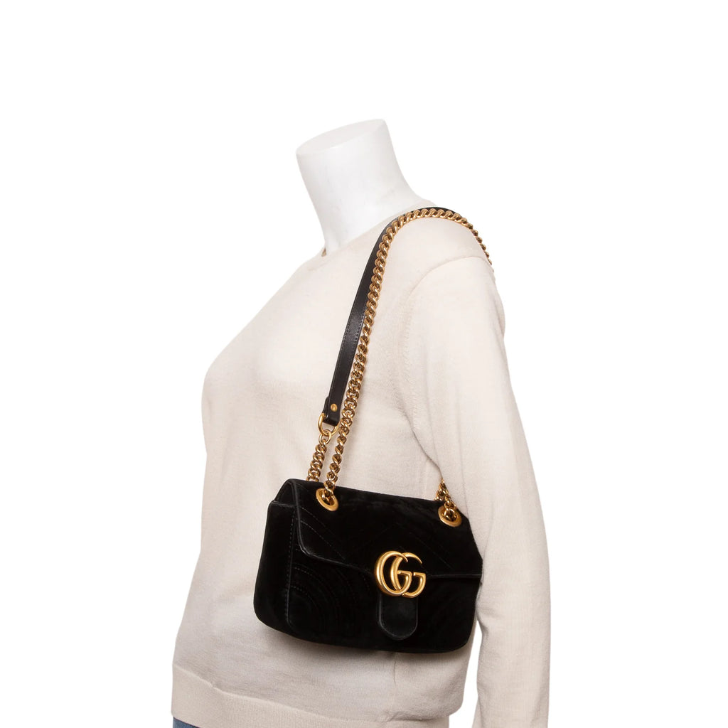 Gucci Black Velvet Matelasse Small GG Marmont Shoulder Bag