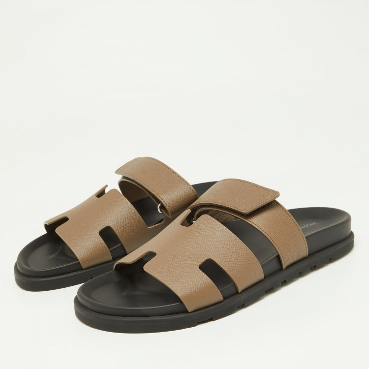 Hermes Brown Leather Chypre Velcro Strap Flat Sandals Size 41