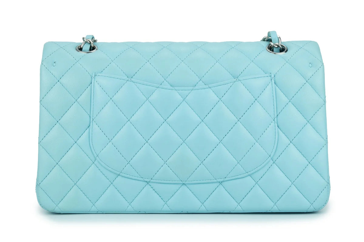 Chanel Medium Classic Flap Lambskin Neon Blue Silver Hardware