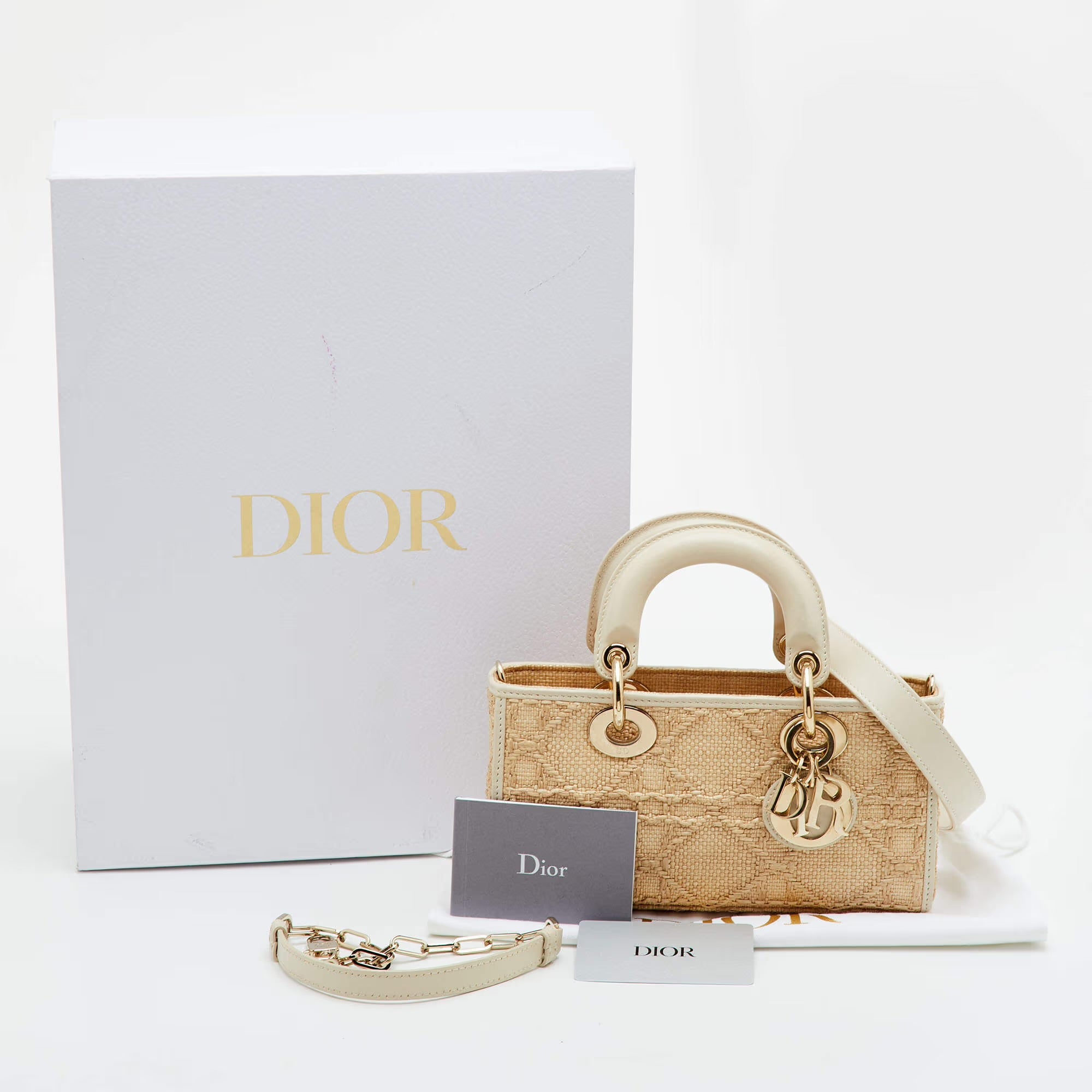 Dior Lady D-Joy Small Beige/Cream Leather and Raffia Tote