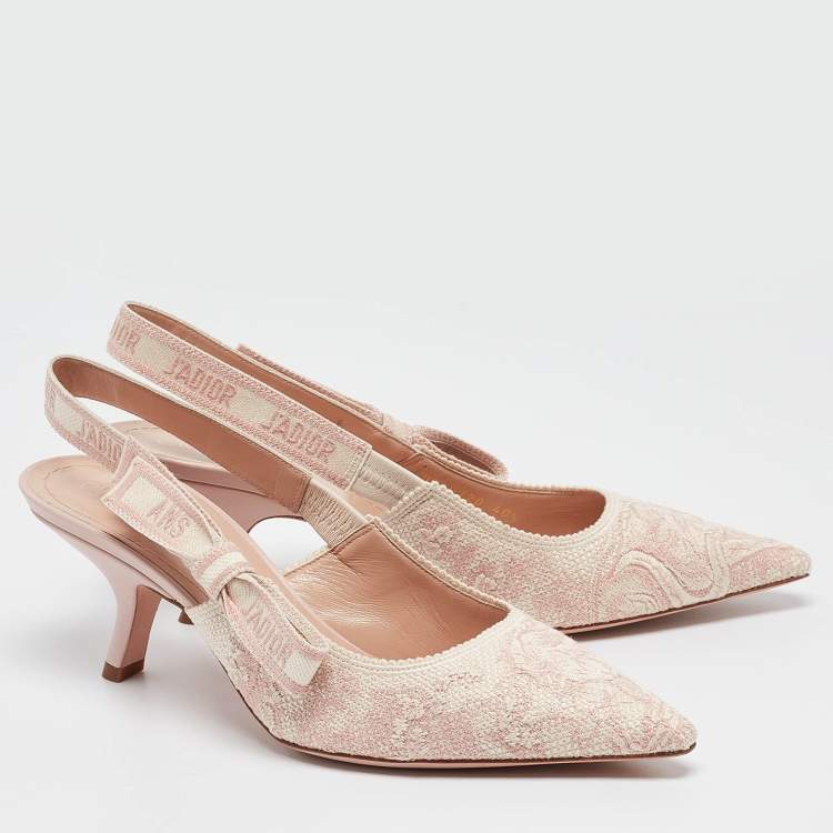 Dior Light Pink Embroidered Canvas J'Adior Slingback Pumps Size 40.5