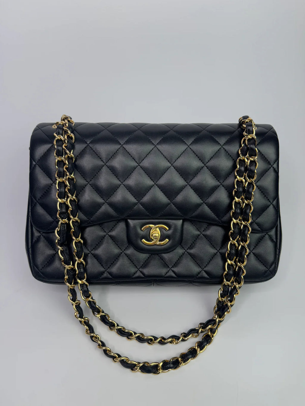 CHANEL BLACK LAMBSKIN LEATHER JUMBO CLASSIC DOUBLE FLAP GOLD HARDWARE